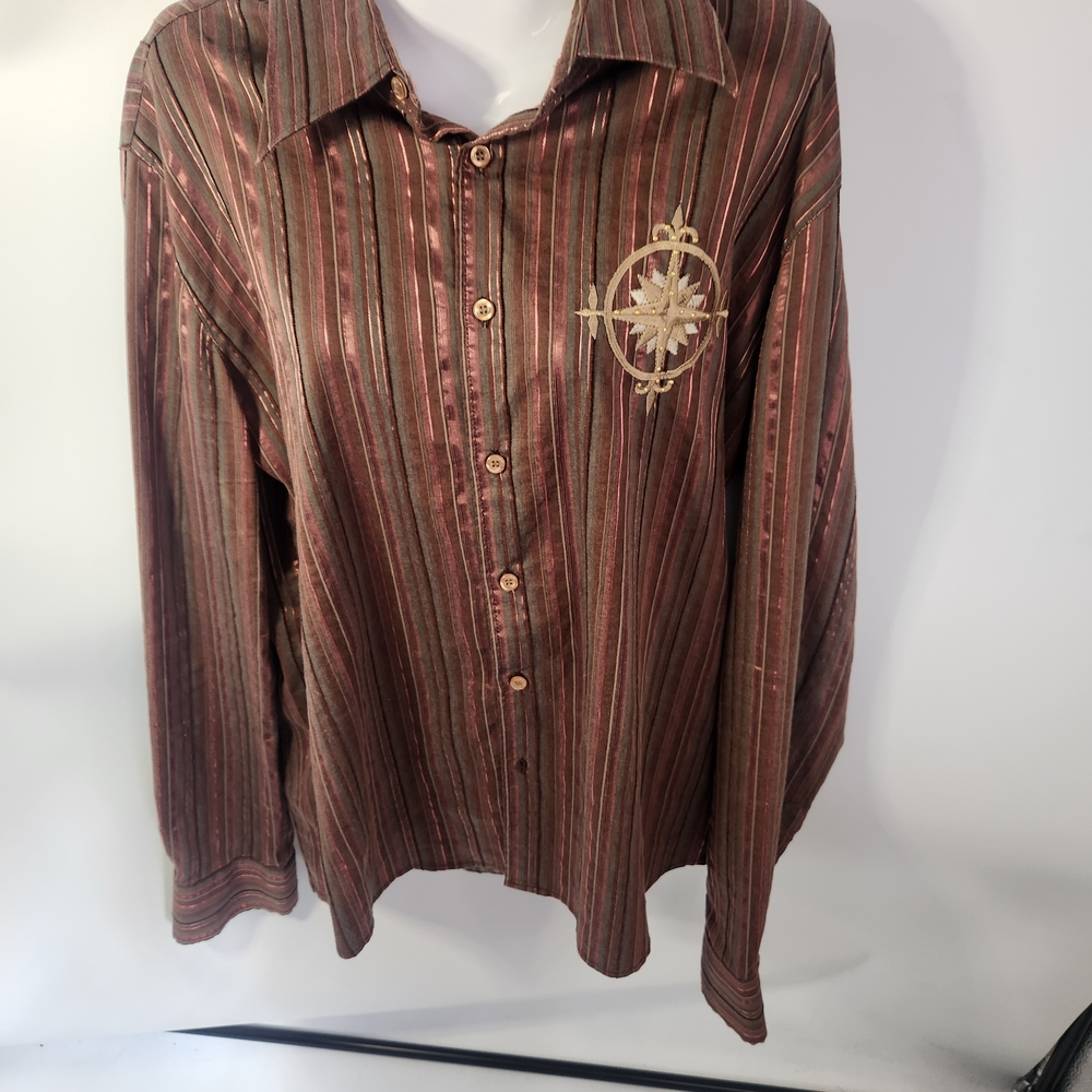 Striped‎ Brown Dress Shirt with Embroidered Design